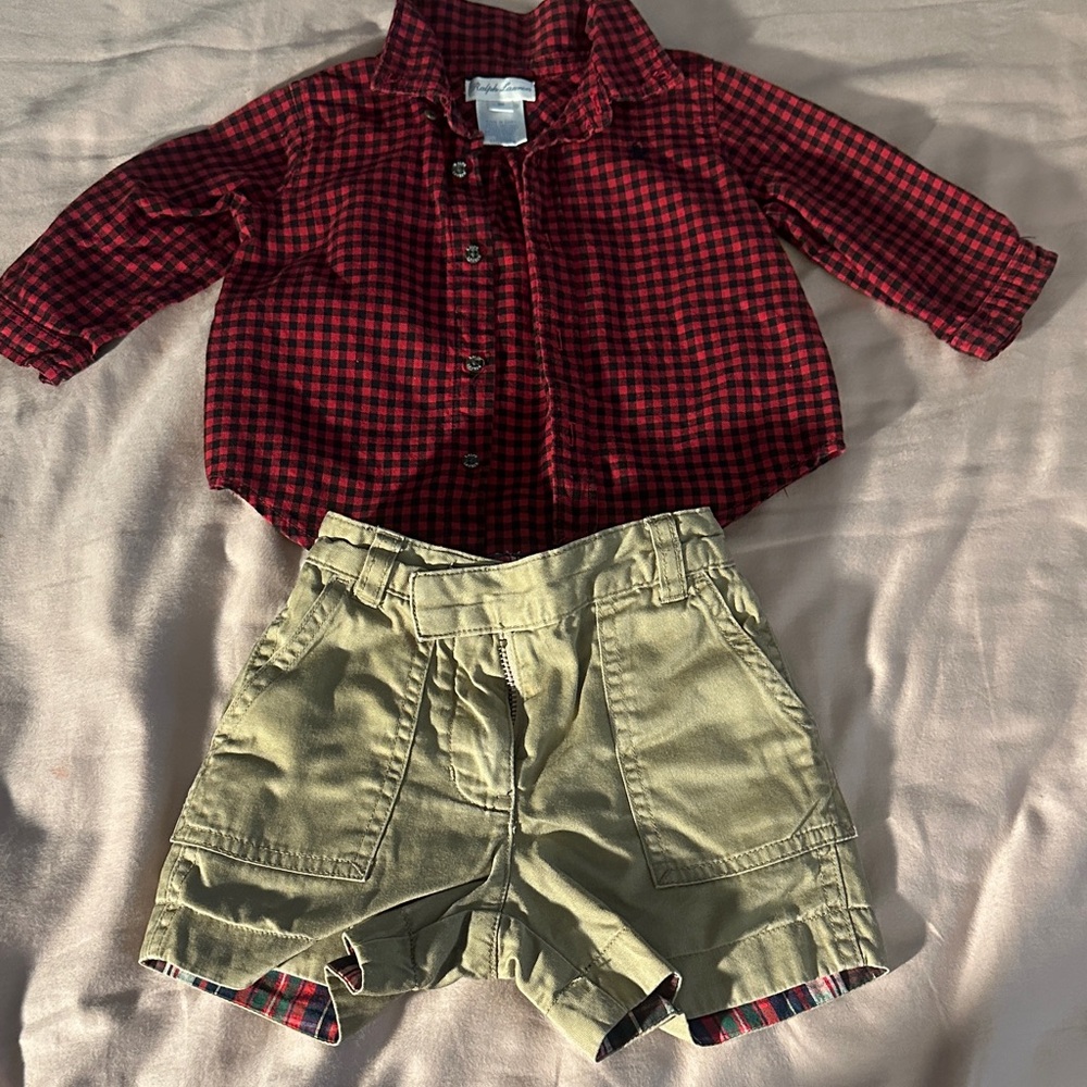 Ralph Lauren Bobby boys Red Plaid Button-Up Shirt with Tan Cargo Shorts for 9m
